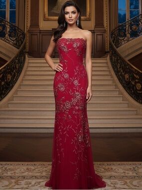 Strapless shocking fuchsia hand beaded & Embroidered Evening Gown stretch fabric